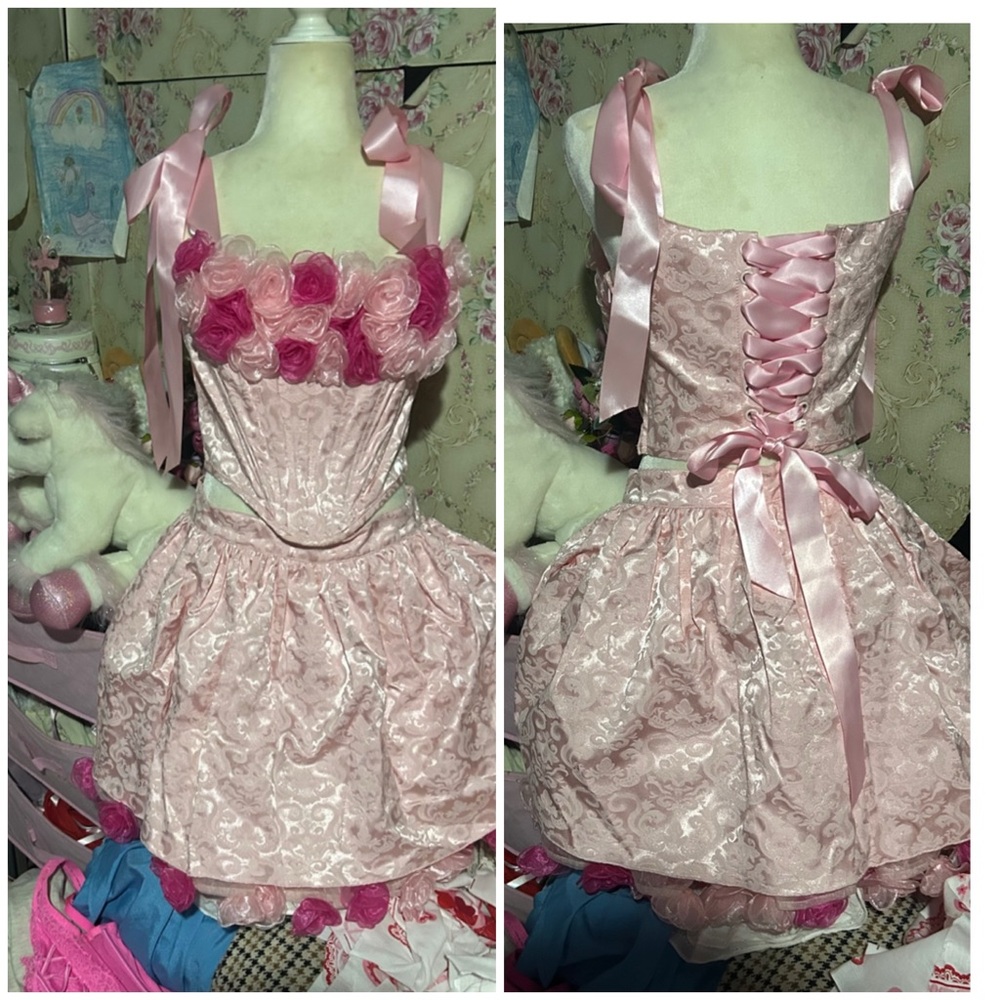 Dolls Kill Pink Rosette Lace-Up corset and skirt set  sugar thrillz